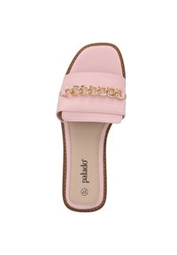 Sandalo a scivolo rosa con dettaglio in catena dorata sulla fascia, punta quadrata, soletta imbottita e suola texture marrone, taglia 37 di Palado.