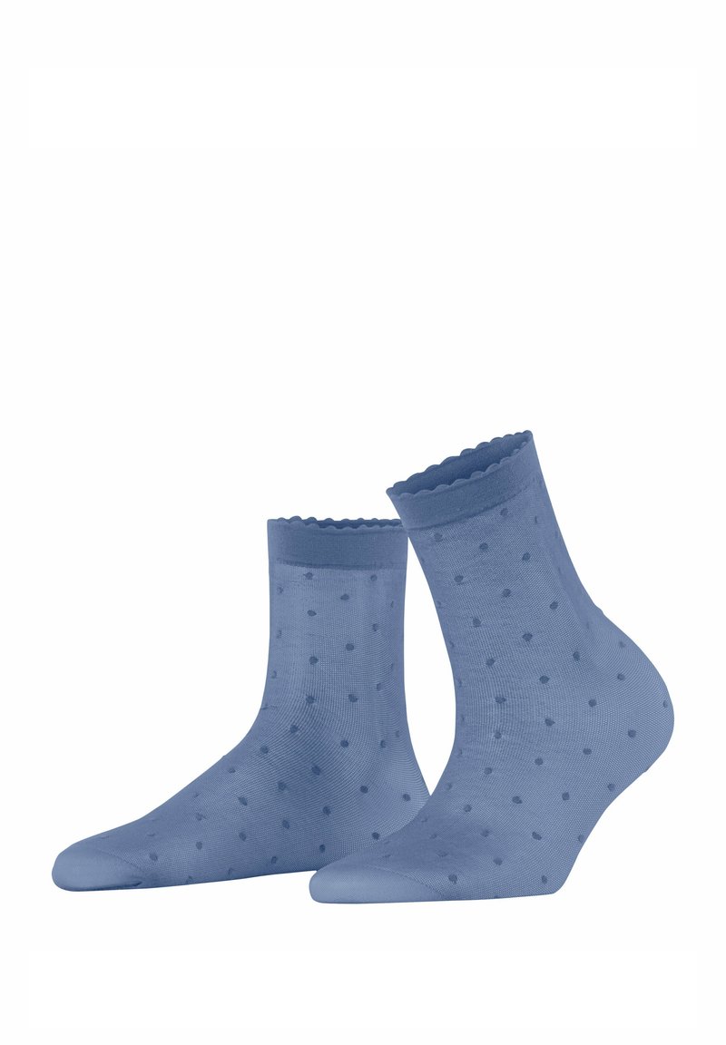Chaussettes de cheville à pois bleus, fabriquées en tissu léger, avec des bords festonnés et une texture lisse. Conçues pour le confort et le style.