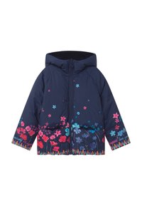 Námořnická puffer bunda s kapucí, s barevnými květinovými vzory v růžové, modré a fialové na lemu a rukávech. Zapínání na zip.