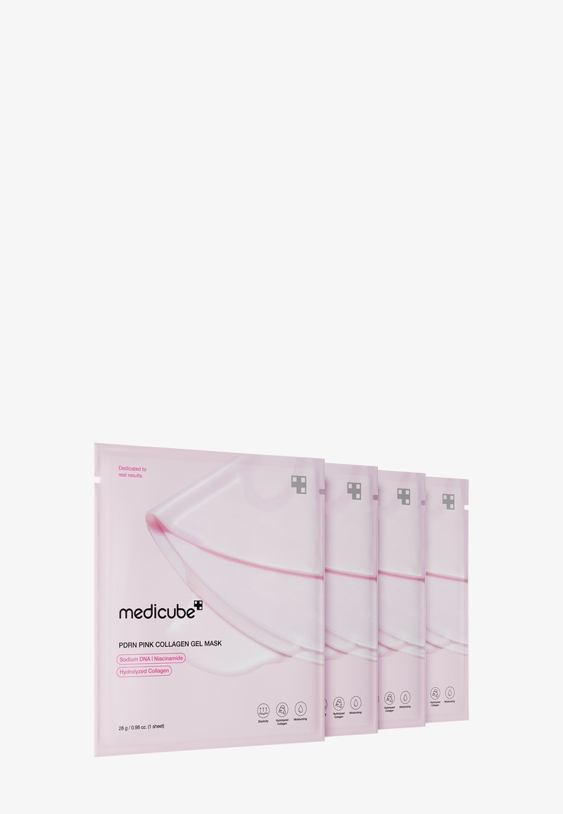Fire lyserøde Medicube PDRN Pink Collagen Gel Mask-poser arrangeret side om side med nøgleingredienser og fordele angivet.