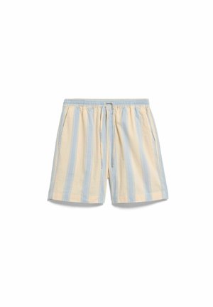 Beige und hellblaue, vertikal gestreifte Shorts mit elastischem Bund und Kordelzug, mit Seitentaschen.