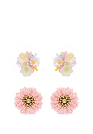 Two pairs of earrings; one with pastel-colored flower clusters, the other round with pink beads and a gold center pearl.