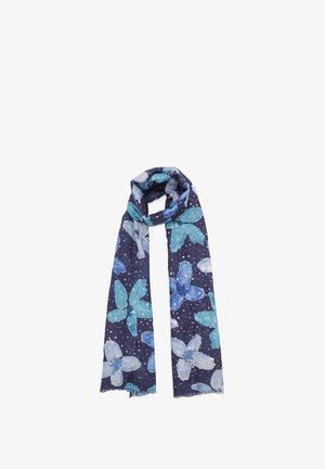 Sciarpa blu navy con motivi di farfalle azzurro chiaro e punti bianchi. Presenta un bordo frangiato, realizzata in tessuto morbido e leggero.