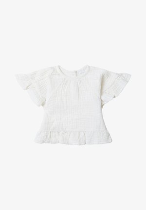 Weißes Kurzarmoberteil mit Rüsche am Saum, aus strukturiertem Stoff. Besitzt einen runden Ausschnitt und Faltendetails auf der Vorderseite.