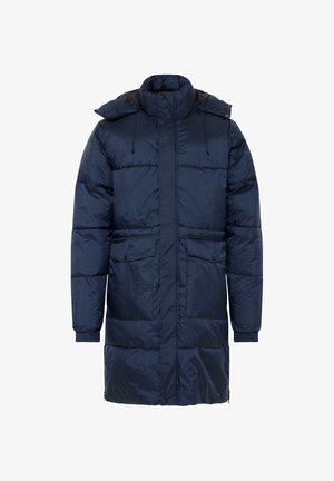 Tamsiai mėlynas pūkinis paltas su aukštu apykakle, nuimama kapsule, priekinėmis kišenėmis ir elastingais rankogaliais. Lygus, blizgus paviršius su siūlėmis.