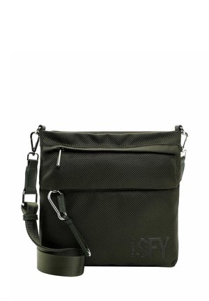 Borsa a tracolla nera in nylon con superficie testurizzata, chiusura superiore con zip, tasca frontale, cinturino regolabile e dettaglio logo del marchio.