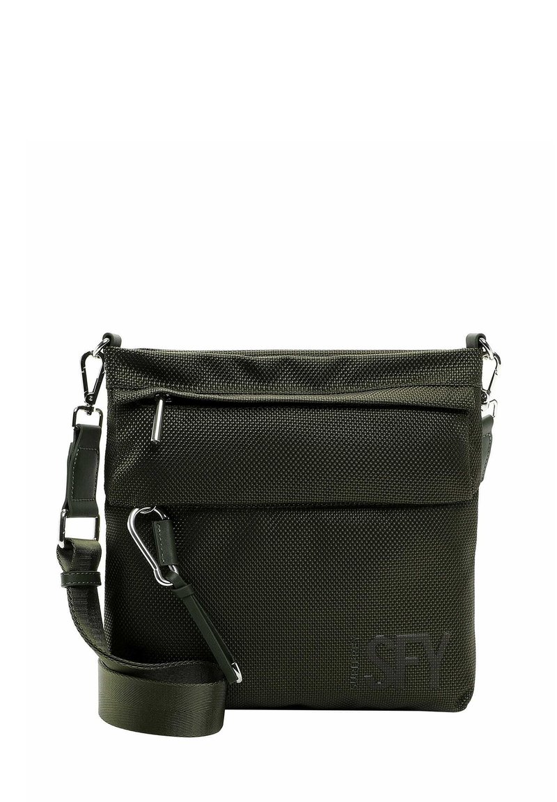 Borsa a tracolla nera in nylon con superficie testurizzata, chiusura superiore con zip, tasca frontale, cinturino regolabile e dettaglio logo del marchio.