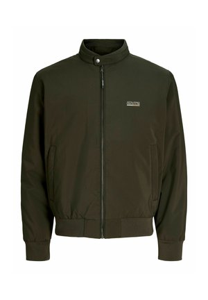 Dunkelgrüne Zip-Jacke mit Stehkragen, gerippten Bündchen und Saum, Seitentaschen und kleinem weißem Jack & Jones-Logo auf der Brust.