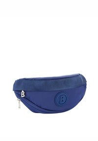 Marinblå midjeväska tillverkad av slitstarkt tyg, med en texturerad ribbad överdel och en cirkulär präglad logotyp. Fickan har dragkedja.