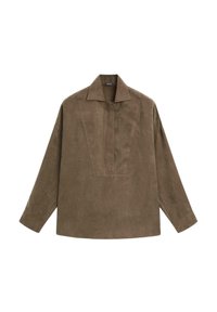 Camicia a maniche lunghe in suede marrone con colletto a punta e una patta verticale. Presenta una vestibilità rilassata e una superficie testurizzata. Nessun motivo o accento.