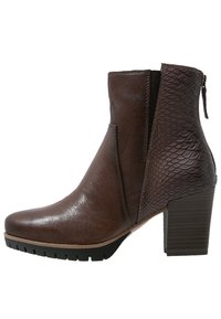 Brown leather ankle boot with a textured snake-skin panel, a rounded toe, 3-inch block heel, and a side zipper for closure.