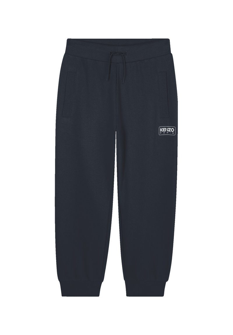 Navyblauwe joggers met elastische tailleband, trekkoord, zijzakken, ribbenboorden en wit Kenzo Paris-logo op het linker bovenbeen.