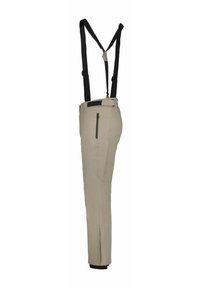 Beige lyžařské kalhoty s černými nastavitelnými kšandami, boční kapsa se zipem, přiléhavý design a elastické manžety na kotnících.