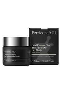Perricone MD Cold Plasma Plus+ Intensive Gel Mask in einem schwarzen Glasbehälter mit silbernem Deckel, beschriftet mit Produktdetails, 59 mL Fassungsvermögen.