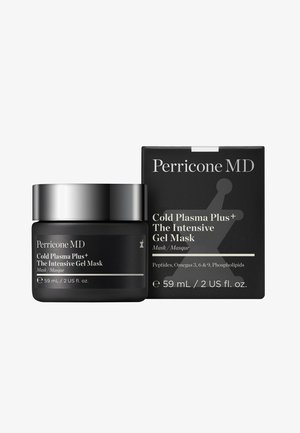 Perricone MD Cold Plasma Plus+ Intensive Gel Mask in einem schwarzen Glasbehälter mit silbernem Deckel, beschriftet mit Produktdetails, 59 mL Fassungsvermögen.