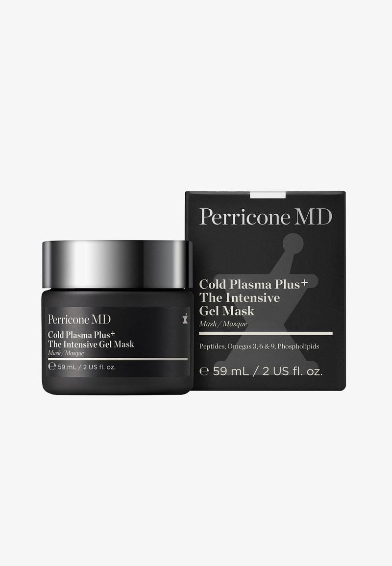 Perricone MD Cold Plasma Plus+ Intensive Gel Mask in einem schwarzen Glasbehälter mit silbernem Deckel, beschriftet mit Produktdetails, 59 mL Fassungsvermögen.