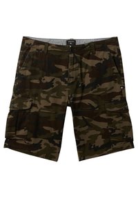 Camo cargoshorts in tinten van groen en bruin, met voortassen, knoopsluiting en utilitaire zijzakken met klep.