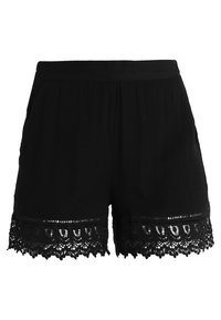 Czarne szorty wykonane z lekkiego materiału, z koronkowym wykończeniem u dołu o falistych krawędziach oraz dwoma bocznymi kieszeniami.
