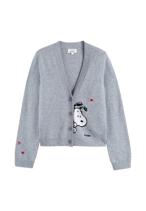 Gray knit cardigan featuring a graphic of Snoopy and red heart accents, with a V-neck, button closure, and ribbed cuffs.