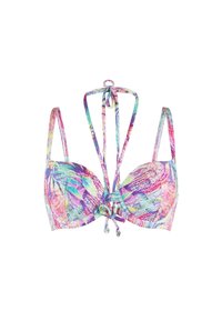 Tryckt bikiniöverdel med formade kupor, justerbara axelband och ett flerfärgat blommönster i nyanser av rosa, blått och grönt.