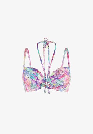 Printed bikini top featuring molded cups, adjustable straps, and a multicolored floral pattern with shades of pink, blue, and green.