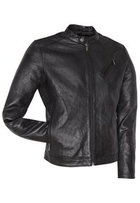 Svart läderjacka med en strukturerad design, med ståkrage, dragkedja fram och en sidoficka med dragkedja på bröstet. Slät textur.