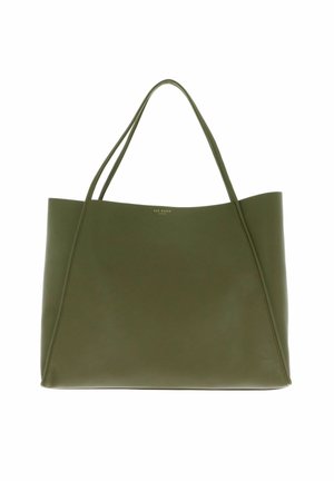 Sac fourre-tout en cuir vert olive avec double bandoulière et petit logo doré centré près du bord supérieur.