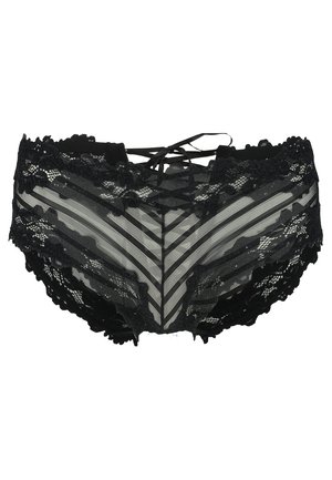 Black lace panties featuring a geometric design with sheer mesh panels, lace trim, and crisscross detail at the waist.