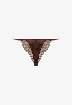 Brown lace thong with satin front. Intricate lace trim along the sides, featuring floral patterns and a delicate texture.