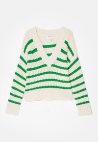 Pull en tricot crème avec rayures horizontales vertes, col en V, manches longues et coupe ample. Tissu texturé avec poignets côtelés.