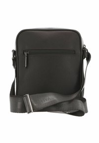 Sac bandoulière noir en matériau synthétique texturé, doté d'une poche arrière zippée et d'une large sangle réglable.