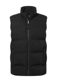 Black puffer vest with high collar, front zipper, and side pockets. Features quilted design for insulation and smooth texture.