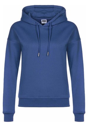 Blå hettegenser med snorhette, vide ermer, ribbestrikkede mansjetter og hem. Laget av mykt stoff med en glatt tekstur.