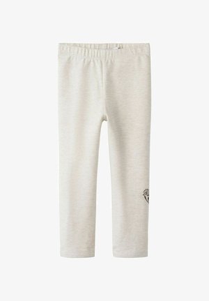 Lyse grå leggings laget av myk bomullsblanding, med en komfortabel elastisk midje og et blomstermønster på venstre nedre ben.