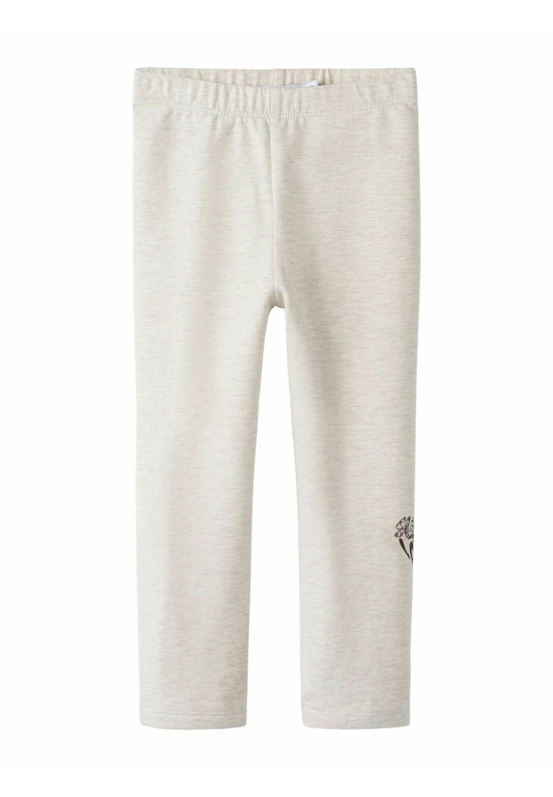 Leggings gris claro hechos de una suave mezcla de algodón, con una cómoda cinturilla elástica y un diseño floral en la parte inferior de la pierna izquierda.