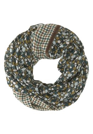Leichter Stoffschal mit dunkelgrünem und senffarbenem Blumenmuster, kombiniert mit beigen und grünen karierten Abschnitten, gezeigt in einer kreisförmigen Schlaufe.