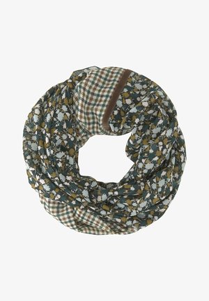 Leichter Stoffschal mit dunkelgrünem und senffarbenem Blumenmuster, kombiniert mit beigen und grünen karierten Abschnitten, gezeigt in einer kreisförmigen Schlaufe.