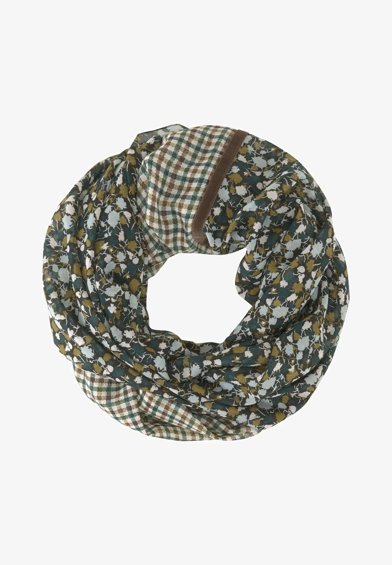Écharpe en tissu léger avec motif floral vert foncé et moutarde, combinée à des sections à carreaux beige et vert, présentée en boucle circulaire.