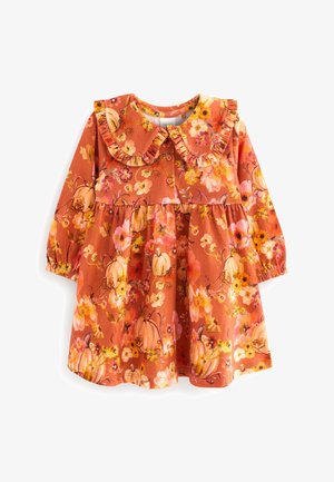 Robe orange à manches longues pour tout-petit avec fermeture à boutons sur le devant, col froncé, et motif fleurs et citrouilles.