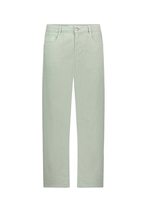 Hellgraue Hose mit geradem Bein, Gürtelschlaufen, vorderem Knopf, Reißverschluss sowie Taschen vorne und hinten auf weißem Hintergrund.