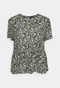 Blusa de mangas curtas em tecido leve, com um padrão abstrato em preto, branco e verde néon, apresentando uma bainha franzida para um ajuste fluido.