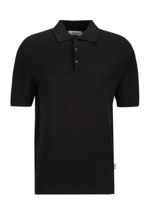 Schwarzes Poloshirt mit kurzen Ärmeln, Zweiknopf-Leiste, geripptem Kragen und Bündchen sowie kleinem Seitenschild am Saum.