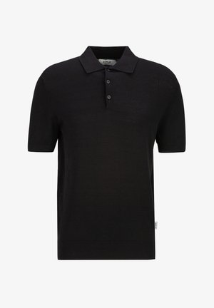 Schwarzes Poloshirt mit kurzen Ärmeln, Zweiknopf-Leiste, geripptem Kragen und Bündchen sowie kleinem Seitenschild am Saum.