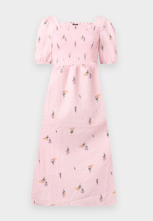 Rotes Kleid mit Puffärmeln und quadratischem Ausschnitt. Verfügt über florale Stickereien in Gelb und Lila. Strukturierten Stoff mit fließendem Design.