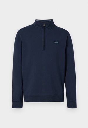 Pullover blu navy con mezza cerniera, realizzato in tessuto misto cotone, caratterizzato da un collo alto, polsini a costine e un piccolo logo ricamato sul petto.