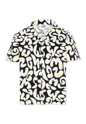 Czarna koszula na krótki rękaw zapinana na guziki, ozdobiona białymi abstrakcyjnymi wzorami i małymi żółtymi akcentami, z klasycznym kołnierzykiem.