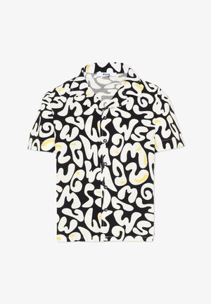Camicia nera a maniche corte con bottoni, decorata con vortici astratti bianchi e piccoli accenti gialli, con colletto classico.