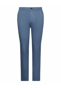 Helleblaue Hose aus glattem Stoff, mit geradem Schnitt, einem einzigen Knopfverschluss und ohne sichtbare Muster oder Akzente.