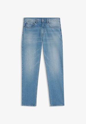 Hellblaue Jeans aus Denim mit klassischem Fünf-Taschen-Design, Knopf- und Reißverschluss sowie dezenten Ausbleichungen an Oberschenkeln und Knien.