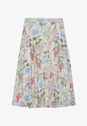 Saia floral com um design plissado em tecido leve. O padrão inclui flores rosas, azuis e vermelhas com folhas verdes num fundo crème.
